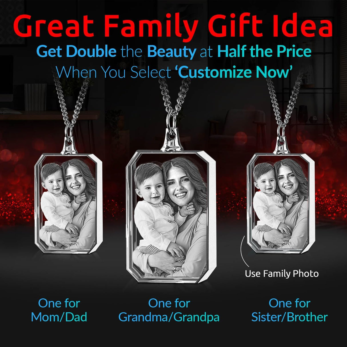 ArtPix 3D Personalized Necklace, 3D Laser Etched Photo Crystal, Engraved Rectangle Necklaces Accessories, Memorial Birthday Gifts for Mom Dad, Him ArtPix 3D