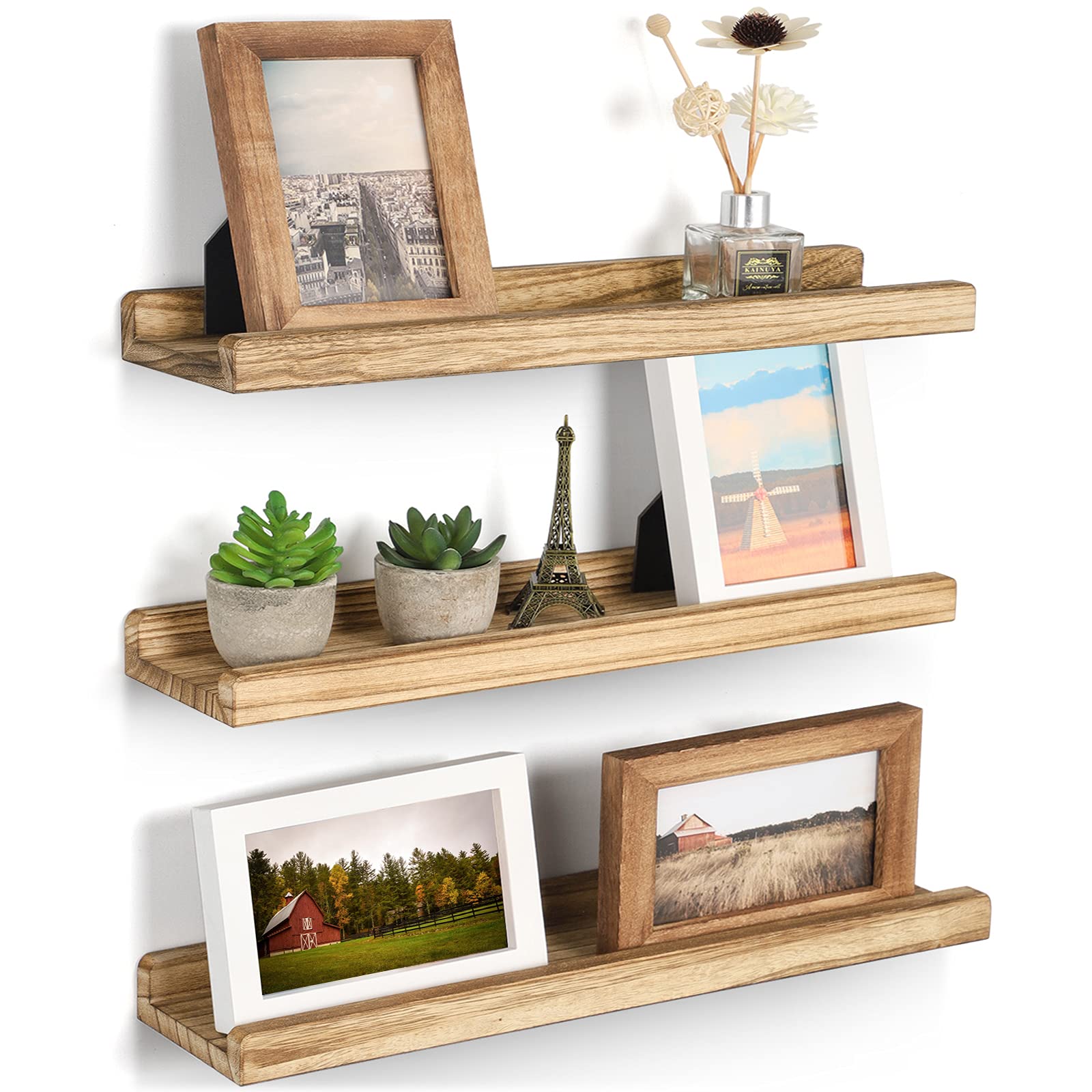 Emfogo Floating Shelves for Wall, 16.9 inch Wood Wall Shelves with Ledge, Floating Shelf Picture Ledge Set of 3 for Living Room Bedroom Kitchen - WoodArtSupply