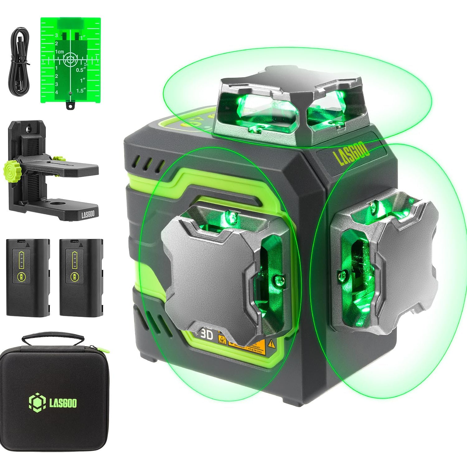 LasGoo LG-3D Laser Level Self Leveling 3x360°, 3D Green Beam Cross Line Laser for Construction and Picture Hanging, 2 Rechargeable Batteries (20 LASGOO
