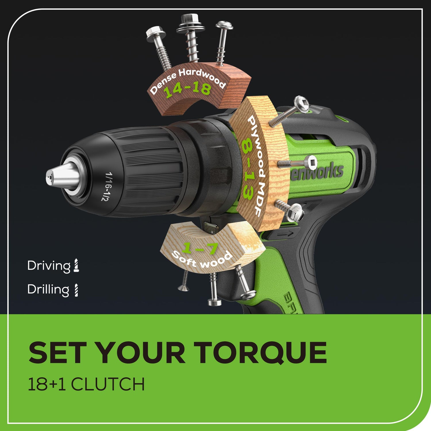 Greenworks 24V Brushless Cordless Drill Kit, 310 in./lbs, 18+1 Position Clutch, 1/2 '' Keyless Chuck, Variable Speed, 1.5Ah Battery With 2A Charger, Greenworks