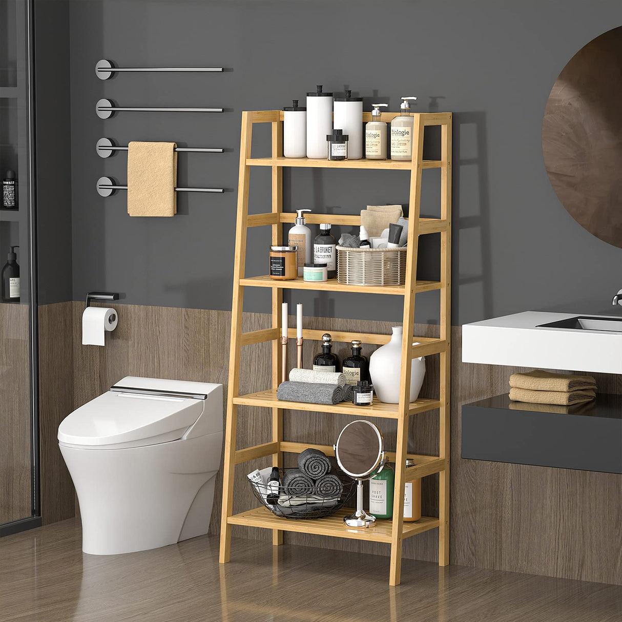 Homykic 4-Tier Bamboo Ladder Shelf – Stylish Freestanding Bookcase for Storage and Display Homykic