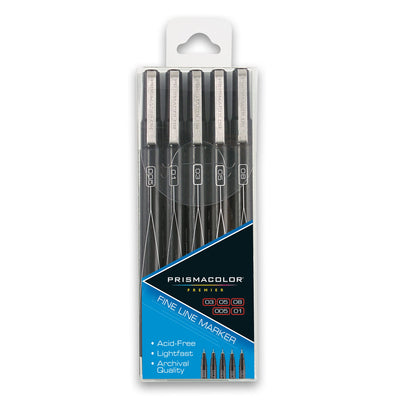 Prismacolor Premier Fine Line Illustration Markers, Assorted Fine Tips, Black, 5 Count