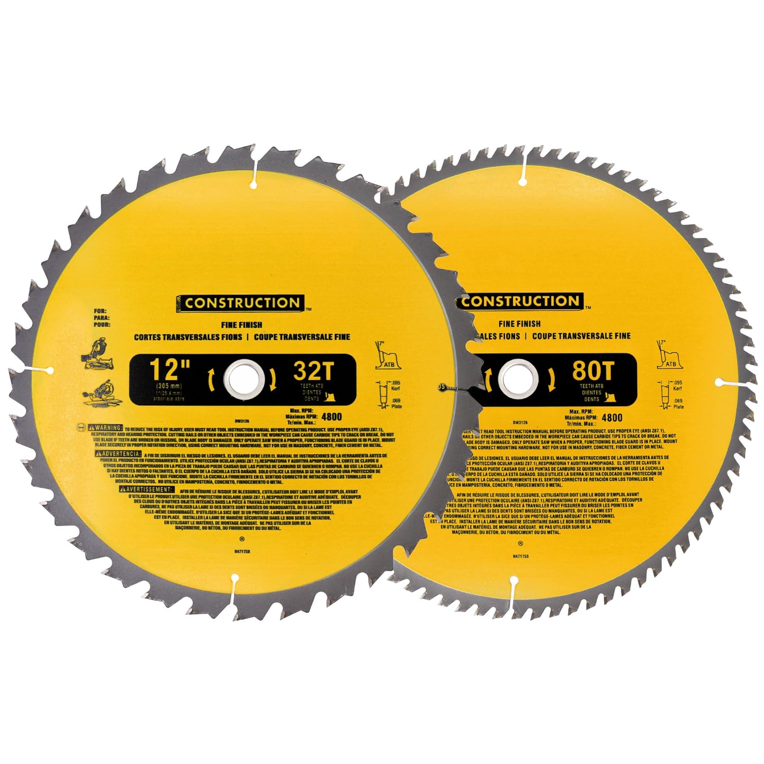 Upgraded DW3128P5 (2-Pack) 12in 80T&32T(dw3128/dw3123) Miter Saw Blade,Tungsten Carbide,Crosscutting,Compatible with DEWALT, for Miter Saws OEM home