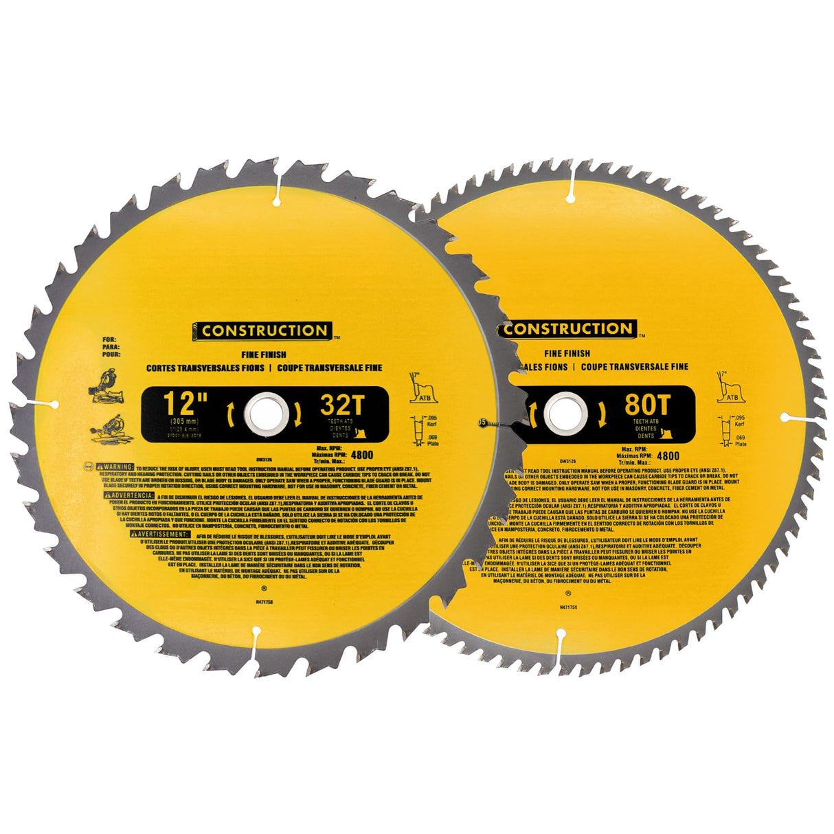 Upgraded DW3128P5 (2-Pack) 12in 80T&32T(dw3128/dw3123) Miter Saw Blade,Tungsten Carbide,Crosscutting,Compatible with DEWALT, for Miter Saws OEM home