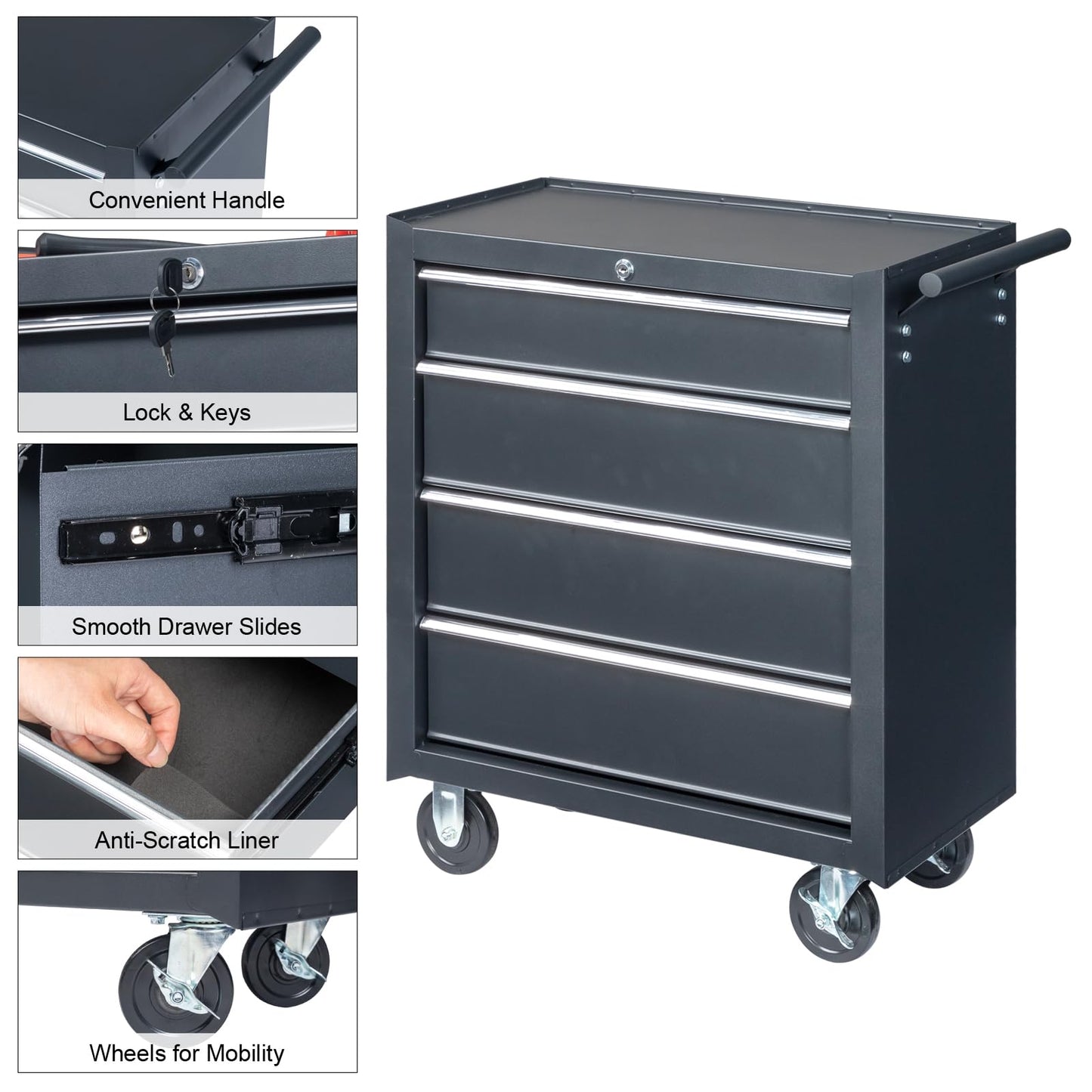 Winado 4-Drawer Tool Chest with Wheels & Lock & Key, Heavy Duty Cart Rolling Tool Box on Wheels, Metal Storage Cabinet, Rolling Tool Cart with