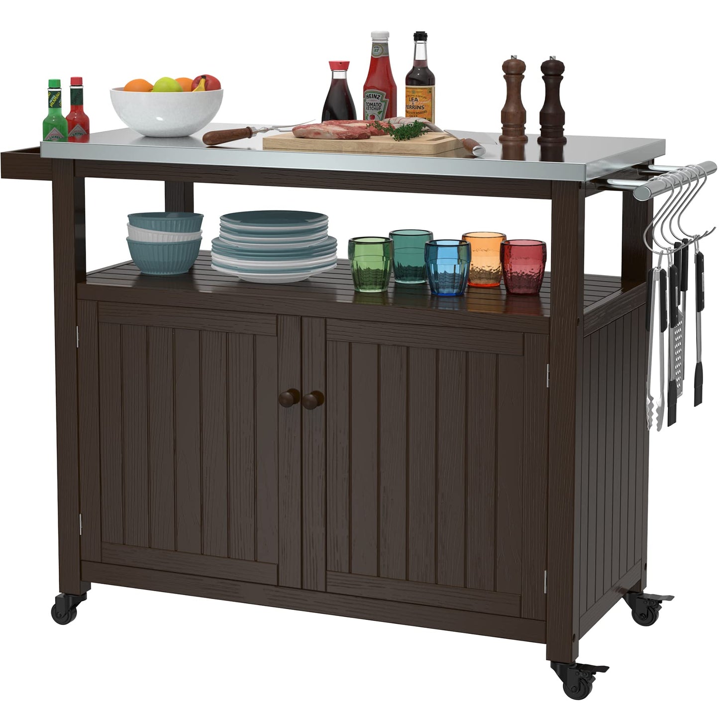 GDLF Outdoor Storage Cabinet Solid Wood Prep Grill Table with Stainless Steel Top Waterproof Cover Dark Brown - WoodArtSupply