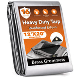 12x20FT Waterproof Tarp, Yumatum 16 Mil Heavy Duty Tarps with Reinforced Edges/Brass Grommets, 100% UV Blocking/Tear Resistant Poly Tarp for Camping, Yumatum
