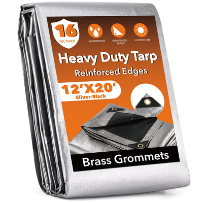 12x20FT Waterproof Tarp, Yumatum 16 Mil Heavy Duty Tarps with Reinforced Edges/Brass Grommets, 100% UV Blocking/Tear Resistant Poly Tarp for Camping,