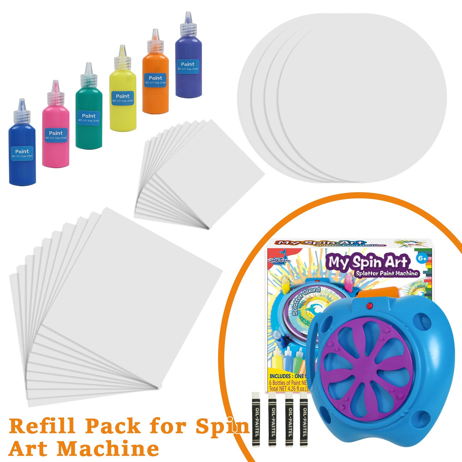Wings Giant Spin Art Paint Refill Pack Spin Art Machine - 10 x Large Cards - 10 x Small Cards - 4 x Round Cards - 6 Bottles of Colored Paint Wings Giant