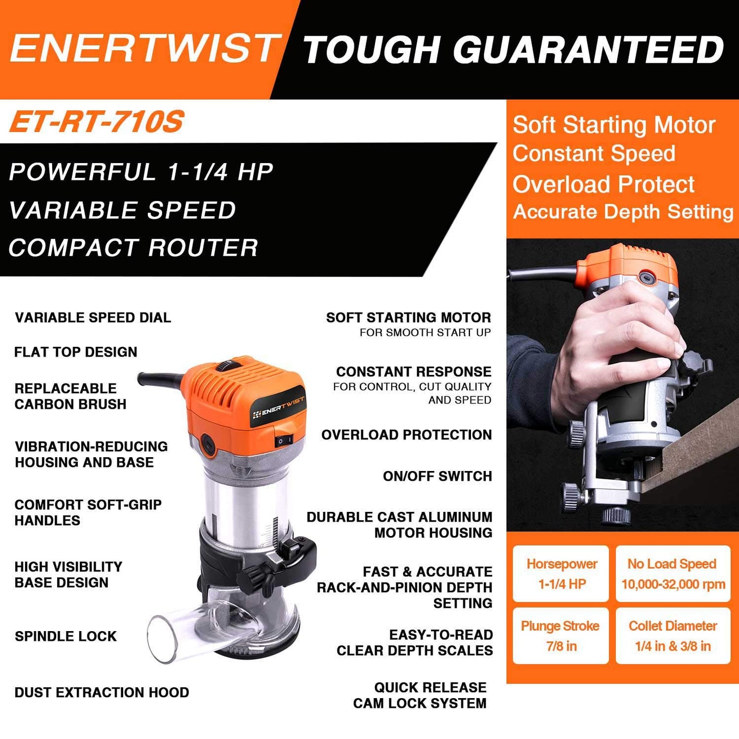 ENERTWIST Compact Router Tool, 7.0-Amp 1.25HP Soft Start Variable Speed Wood Router Kit w/Fixed Base, 1/4" & 3/8" Collets, Edge Guide, Roller Guide, - WoodArtSupply