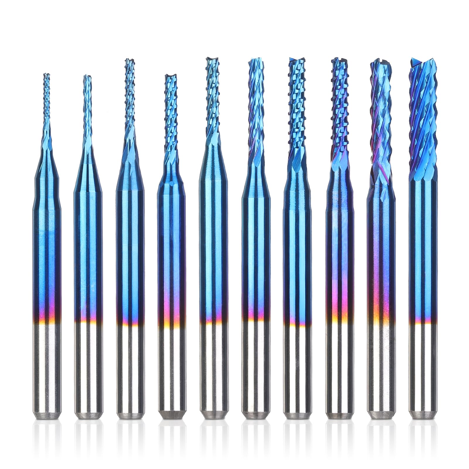 SainSmart Genmitsu 10Pcs Nano Blue Coat End Mill CNC Router Bits, 0.8-3mm, 1/8" Shank - WoodArtSupply