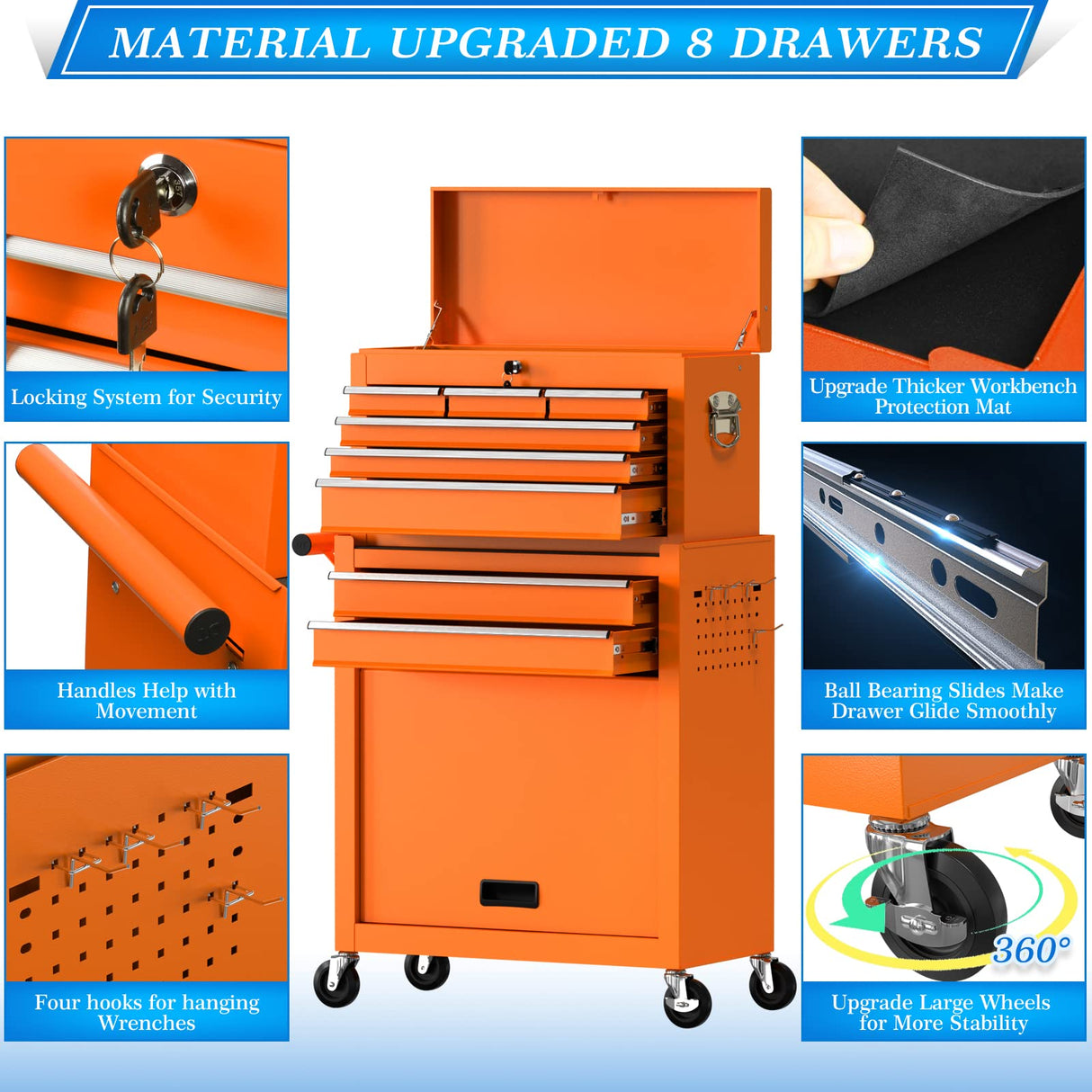 High Capacity Tool Chest Tool Box, Rolling Tool Chest with 8 Drawers, Portable Top Box with Lock, Garage Tool Storage Cabinet with Wheels, Keyed Go Big