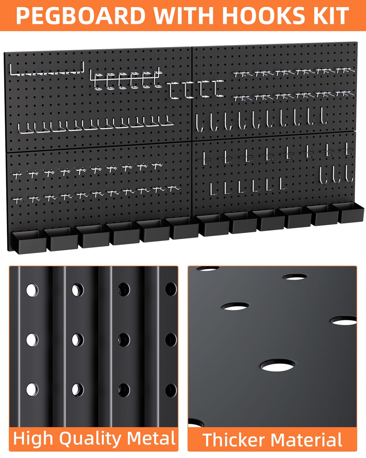 INCLY 158PCS Metal Pegboard Wall Organizer, 48x24 Inch Black Pegboard Panels Tool Organizer Kit with Accessories Hooks and Bins, Peg Board Utility INCLY