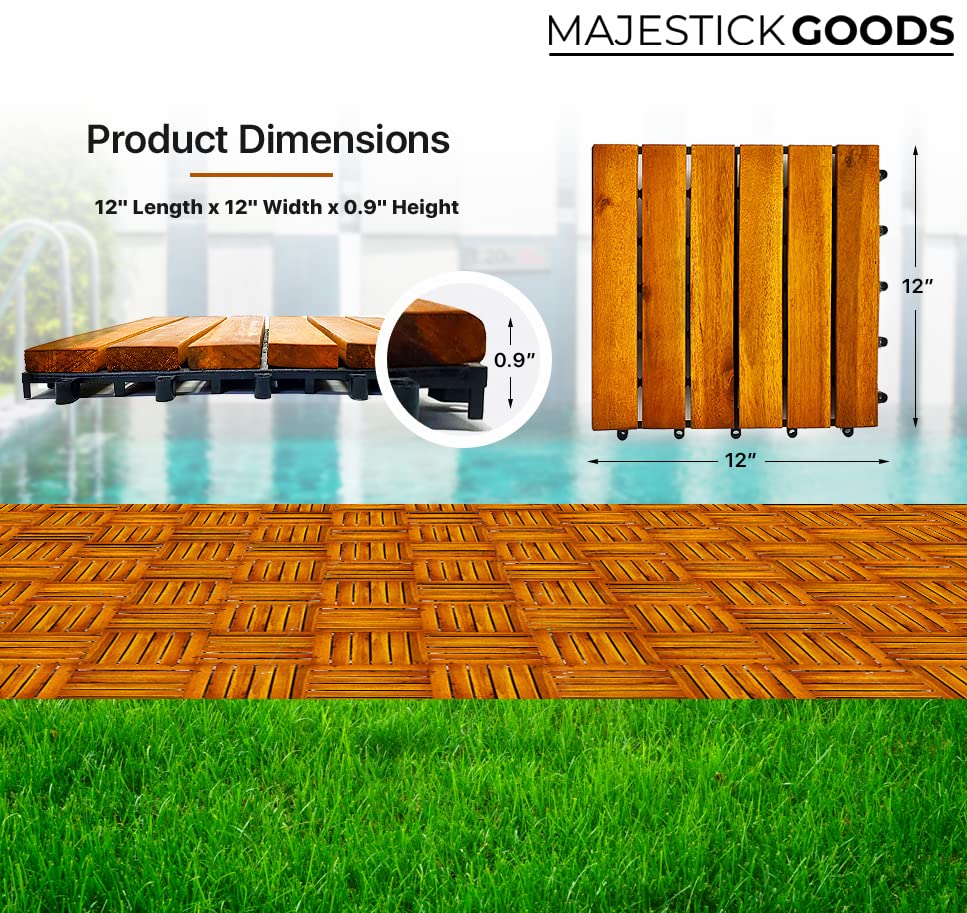 Interlocking Deck Tiles 8 Pack - Snap Together Wood Flooring | 12 x Acacia Hardwood Outdoor for Patio Click Floor Decking Tile Outdoors Balcony Majestick Goods