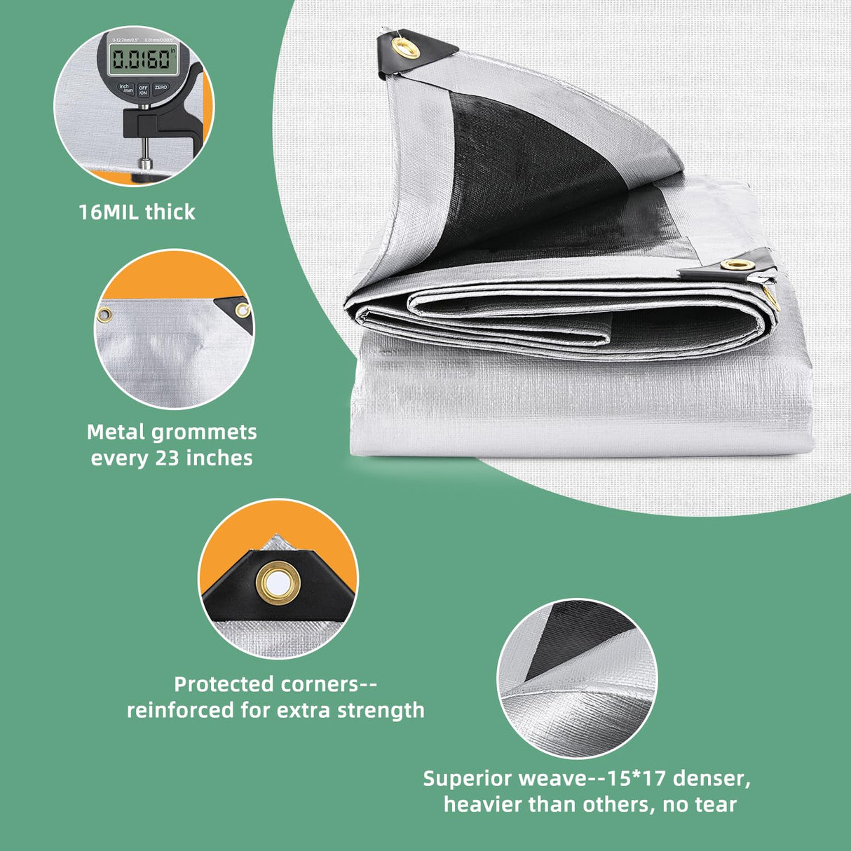 12x20FT Waterproof Tarp, Yumatum 16 Mil Heavy Duty Tarps with Reinforced Edges/Brass Grommets, 100% UV Blocking/Tear Resistant Poly Tarp for Camping, Yumatum