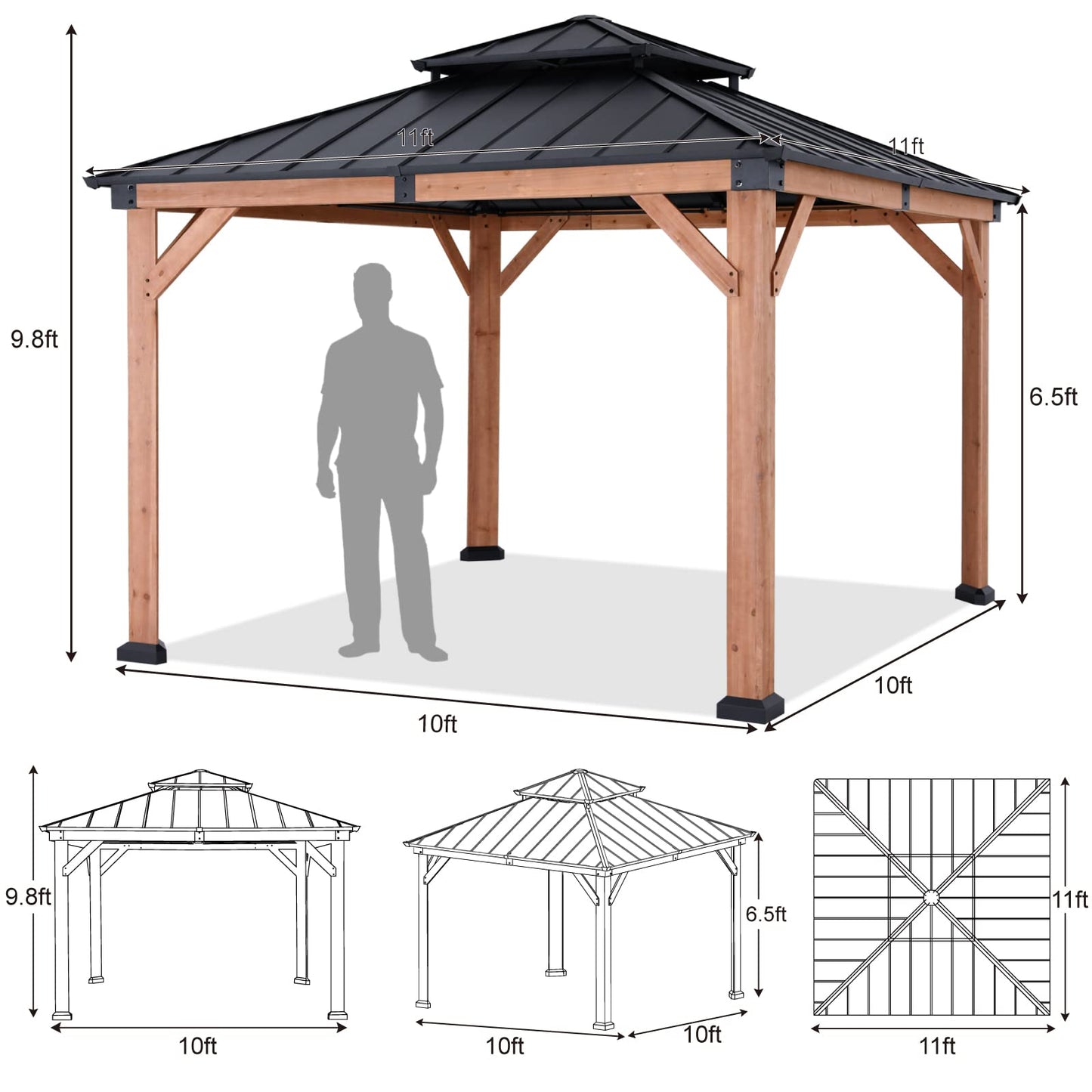 ABCCANOPY Wood Gazebo 11x11 - Outdoor Patio Wooden Gazebo with Hardtop Metal Double Roof for Garden, Backyard and Deck