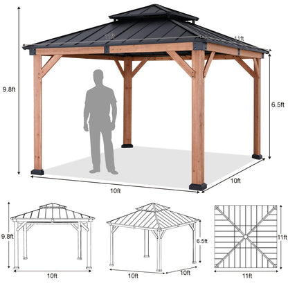 ABCCANOPY Wood Gazebo 11x11 - Outdoor Patio Wooden Gazebo with Hardtop Metal Double Roof for Garden, Backyard and Deck