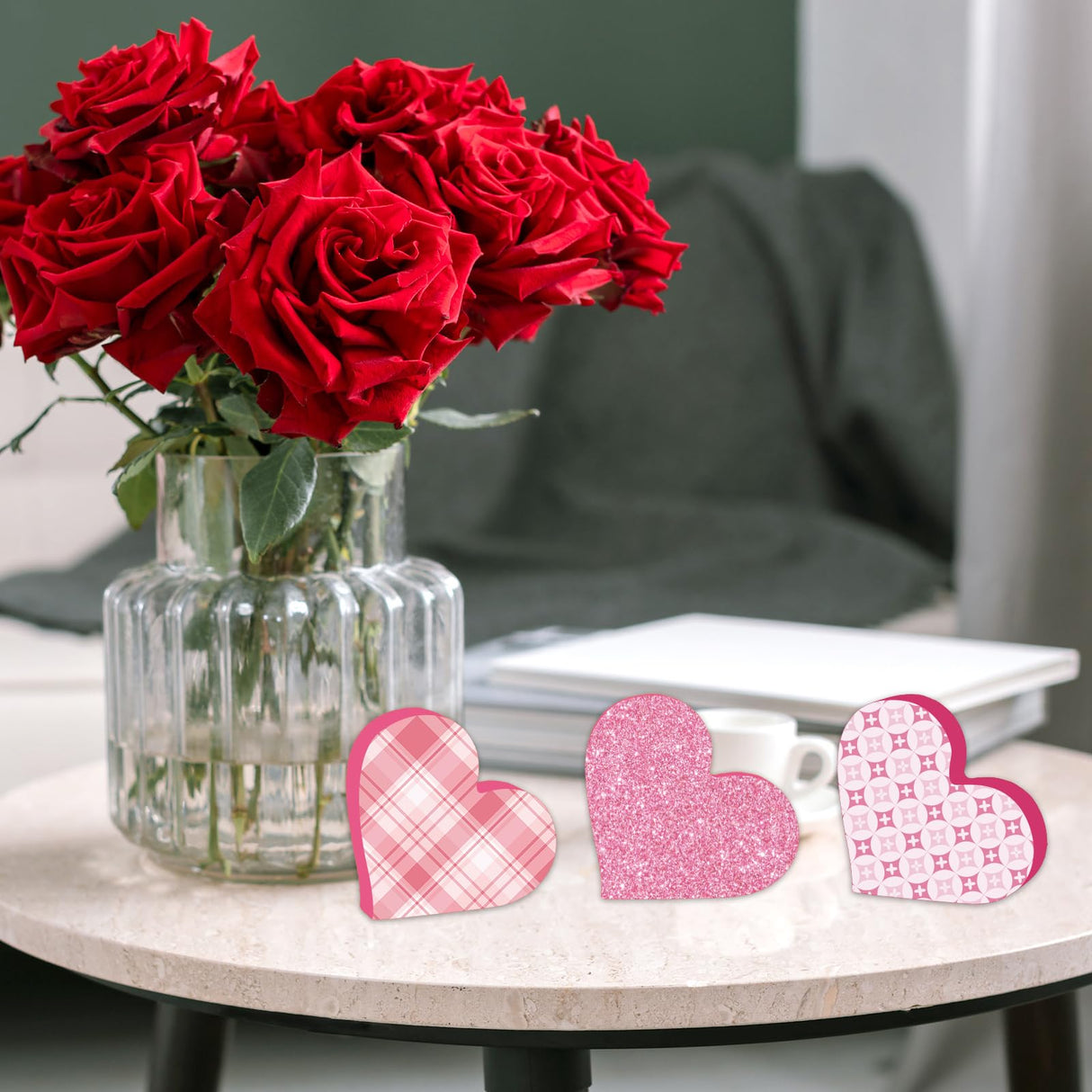 Whaline 12Pcs Valentine's Day Heart Shaped Table Wooden Sign Unfinished Blank Heart Density Board Slice Double-Sided Tabletop Heart Decor for Wedding Whaline