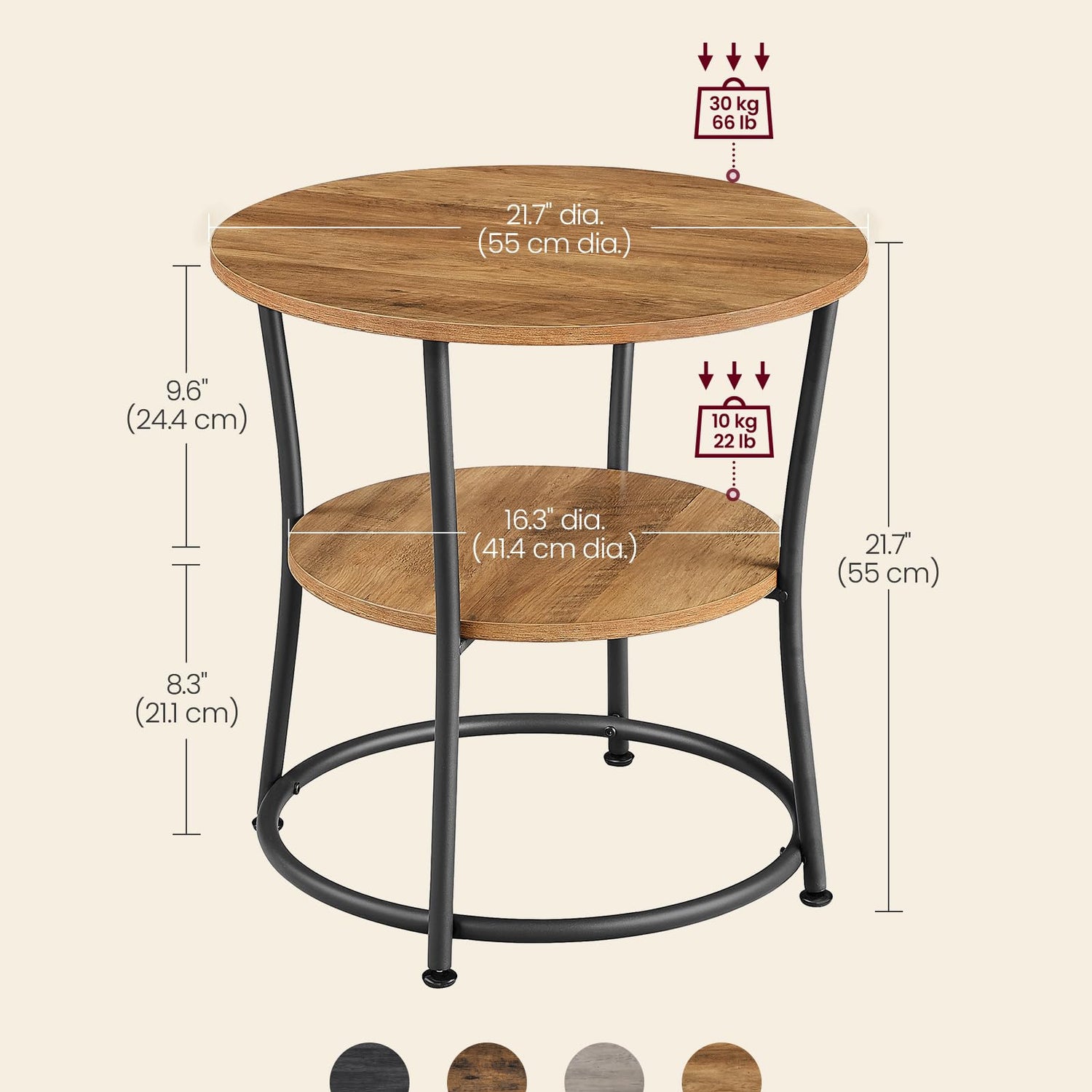 VASAGLE Side Table, Round End Table with 2 Shelves for Living Room, Bedroom, Nightstand with Steel Frame for Small Spaces, Outdoor Accent Coffee VASAGLE