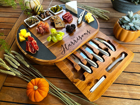 Personalized Round Charcuterie Board Set/19pcs Cheese Board And Knife Set, Realtor Closing gift, Custom Charcuterie board, Wedding Gift WoodArtSupply