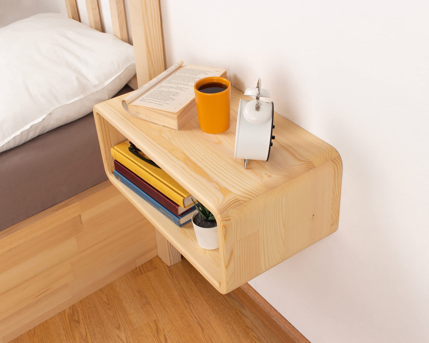 WOODCHES Floating Nightstand Wooden, Bedside Table, Nightstand Shelf, Handmade, Wall Mounted Bedside Shelf, Minimalist and Unique Style (Natural)