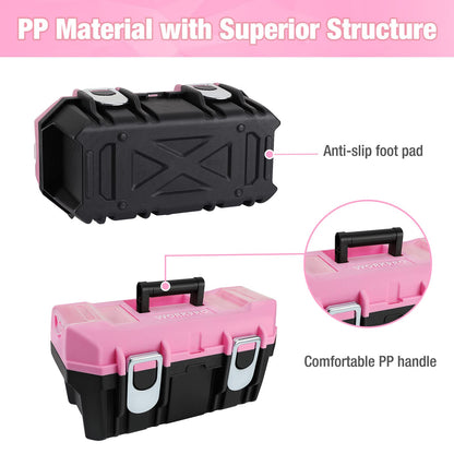 WORKPRO 16-inch Tool Box, Pink Plastic Toolbox with Metal Latch and Removable Tray, Small Tool Storage Organizer with Lock Secured - Pink Ribbon