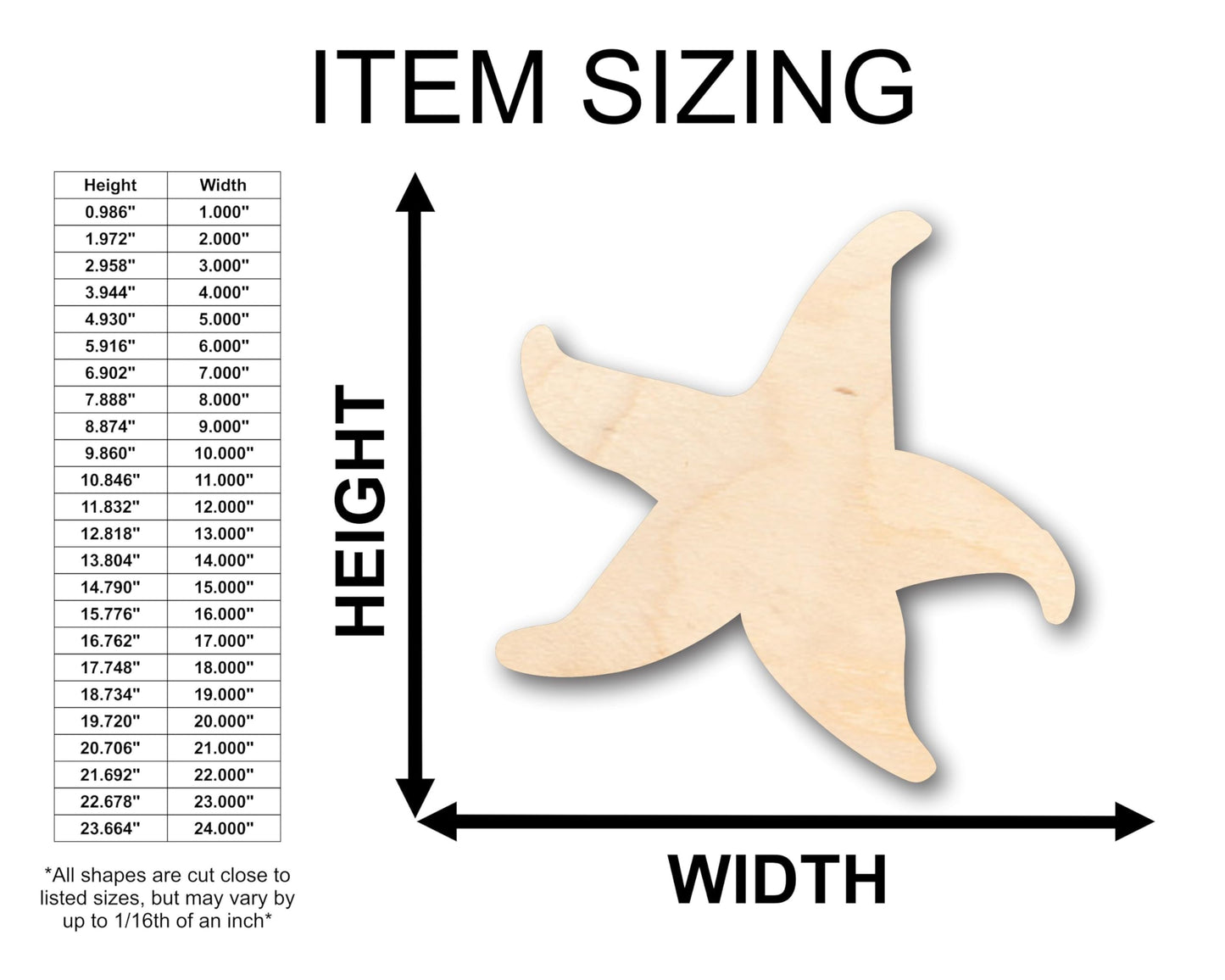 Unfinished Wood Starfish Sea Star Shape - Craft - up to 36" DIY 10" / 1/2" - WoodArtSupply