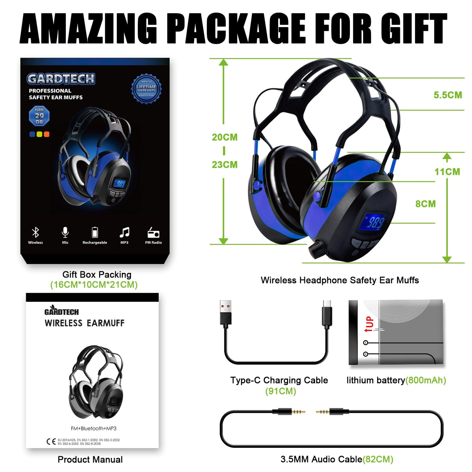 Gardtech Hearing Protection with Bluetooth, FM Radio Earmuffs, NRR 29dB Hearing Protection Headphones Noise Cancelling Headphones with MP3 for Mowing Gardtech