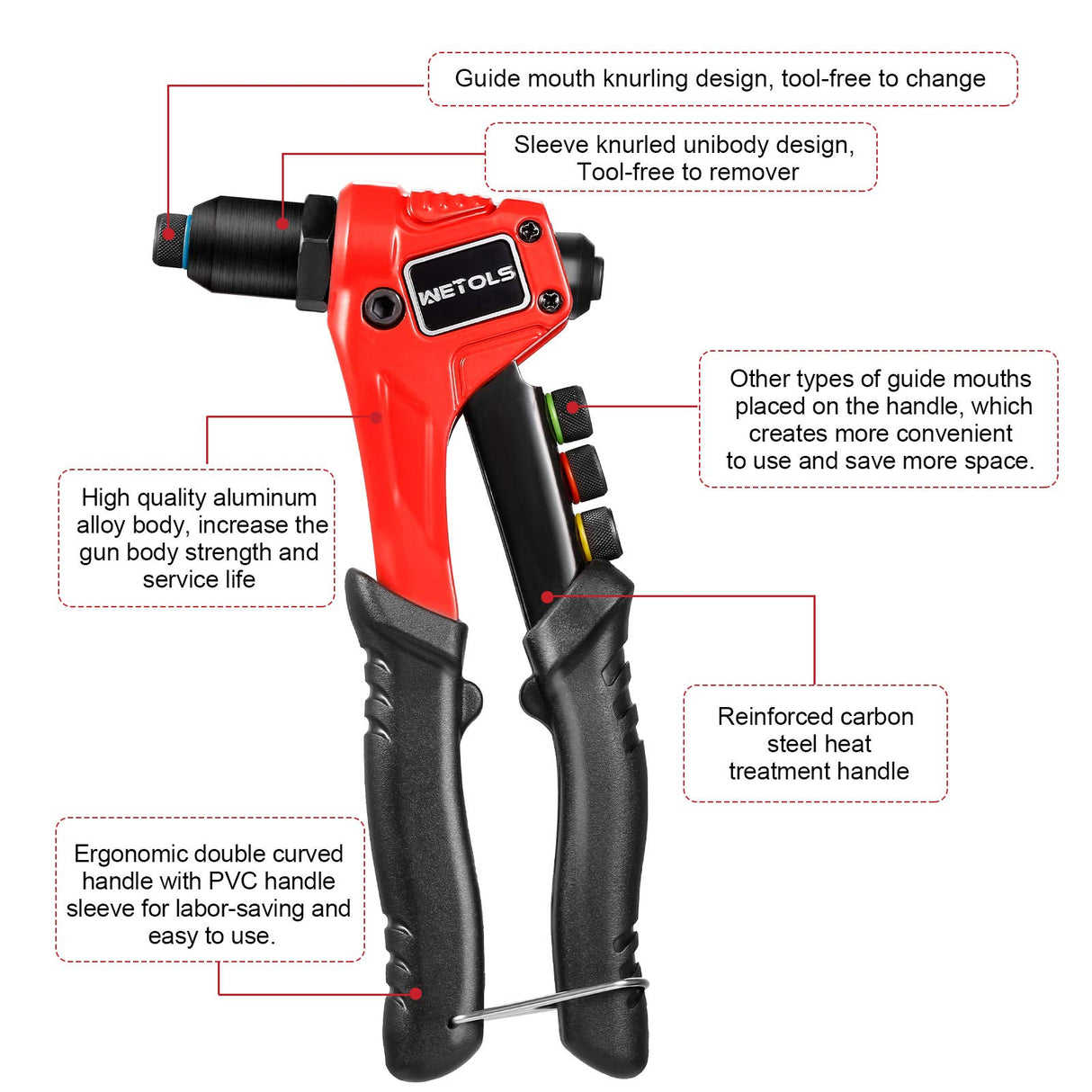 WETOLS Rivet Gun Kit with 120 Pcs Rivets, Manual Rivet Gun with 4 Interchangeable Rivet Heads and 4 Twist Drills, Pop Rivet Gun Kit with Blow Molded WETOLS