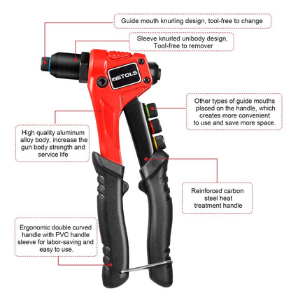 WETOLS Rivet Gun Kit with 120 Pcs Rivets, Manual Rivet Gun with 4 Interchangeable Rivet Heads and 4 Twist Drills, Pop Rivet Gun Kit with Blow Molded - WoodArtSupply