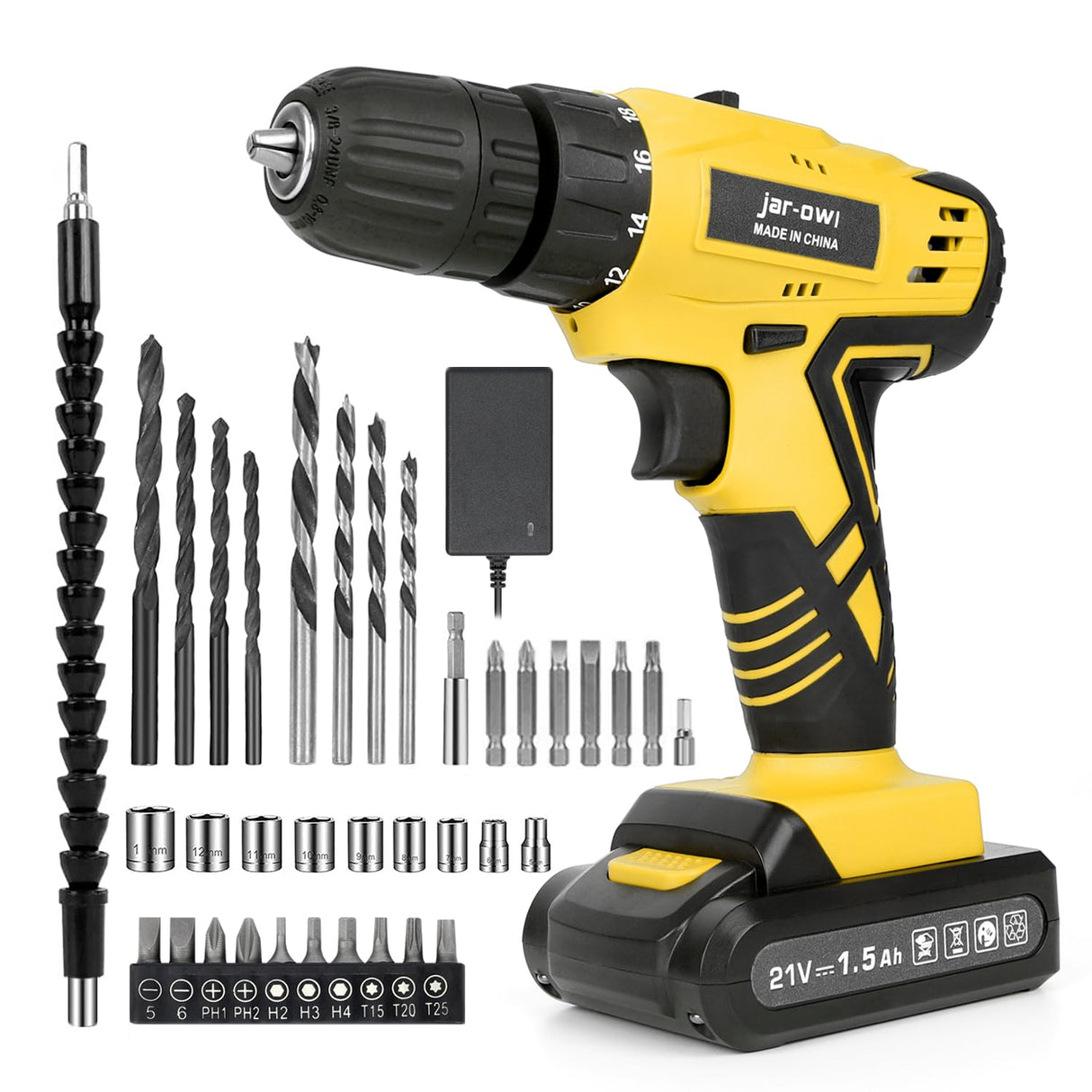 Portable Power Drill Set with 37PCS Drill Bit,21V Cordless Drill Kit with Battery and Charger,Jar-owl Home Tool Kit with Electric Drill,Power Tool jar-owl
