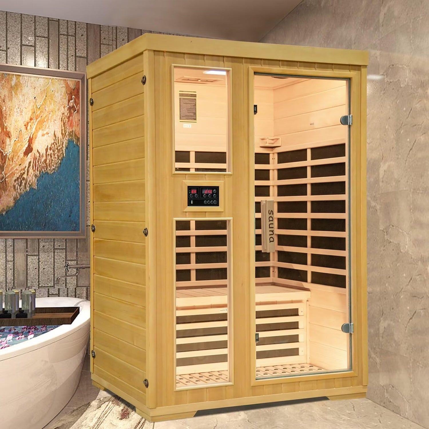 Far Low Infrared Indoor Sauna,2 Person Home Hemlock Wooden Dry Sauna Set,1750W Personal Sauna Room Home Workout Use,Birthday Anniversary Christmas Homsido