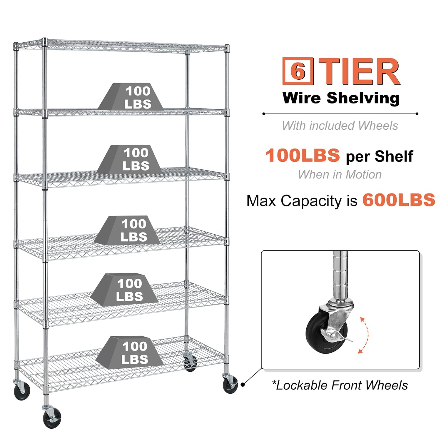 YYkokocat Heavy Duty 6 Tier Shelving Unit Adjustable 6000Lbs Capacity Steel Storage Rack 18" x 48 x 76 Mobile Shelves Wire Shelf Silver Rolling YYkokocat