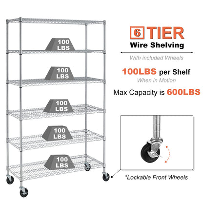 YYkokocat Heavy Duty 6 Tier Shelving Unit Adjustable 6000Lbs Capacity Steel Storage Rack 18" x 48 x 76 Mobile Shelves Wire Shelf Silver Rolling - WoodArtSupply