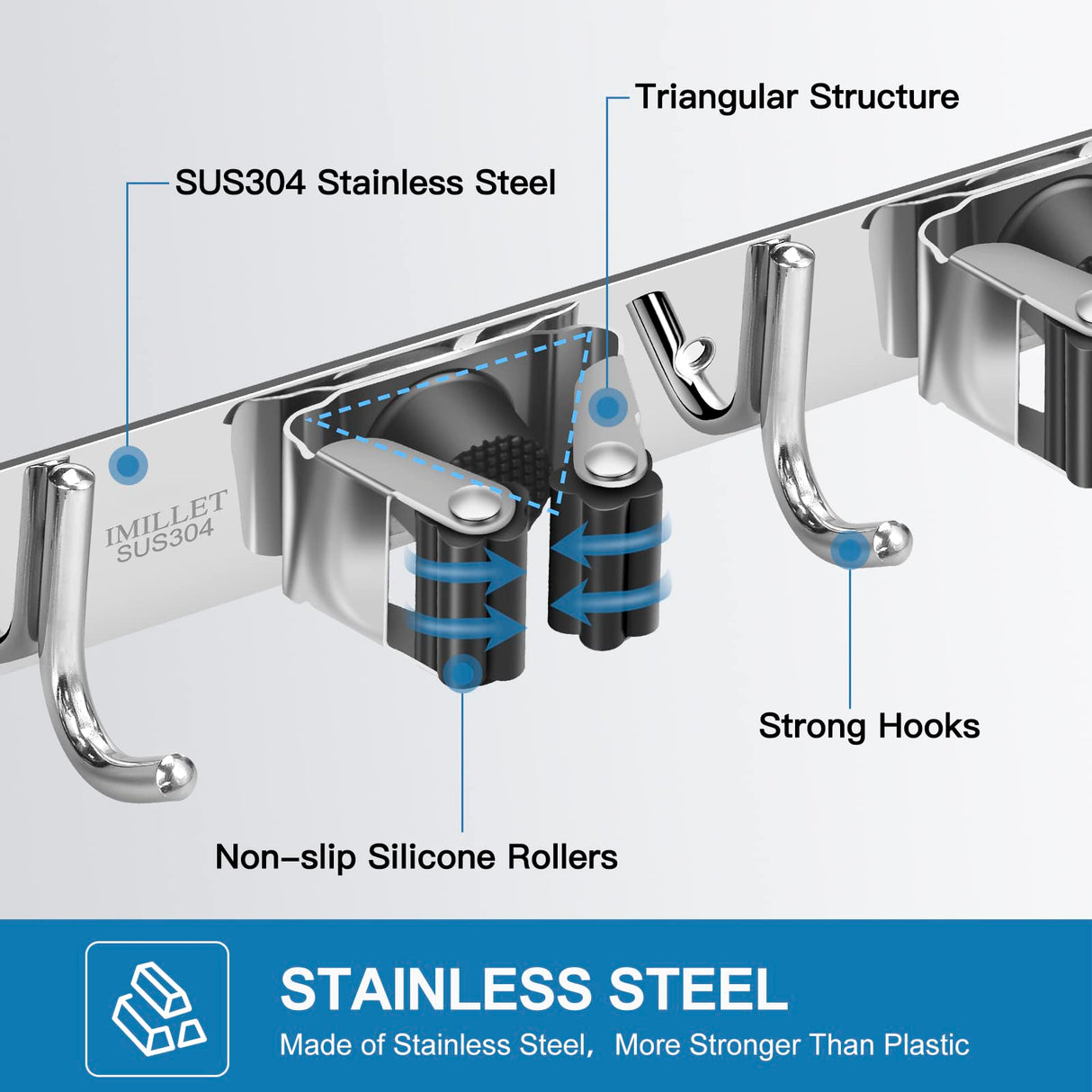 IMILLET 2 Pack Wall Mount Broom Holder Stainless Steel 5 Racks with 4 Hooks Broom Organizer Self Adhesive Heavy Duty Laundry Room, Garage IMILLET