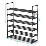Hsscblet 6 Tiers Metal Shoe Rack,Adjustable Shoe Shelf Storage Organizer with Hooks,Stackable Boot & Shoe Storage,for Entryway,Hallway,Closet,Black Hsscblet