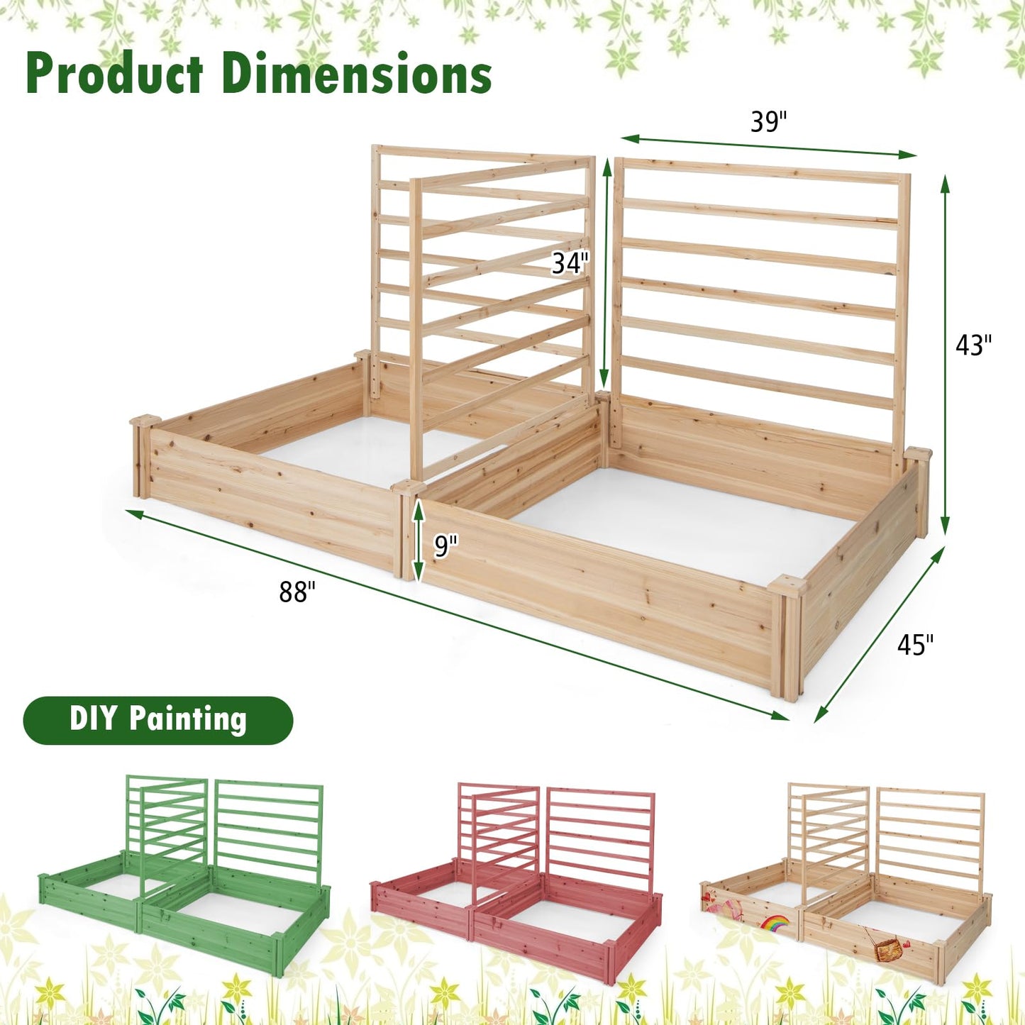 S AFSTAR Raised Garden Bed with 2 Planter Boxes & 3 Trellis, 88" L x 45" W x 43" H Outdoor Wooden Planter Box Kit for Flower Herb Vegetable Fruit