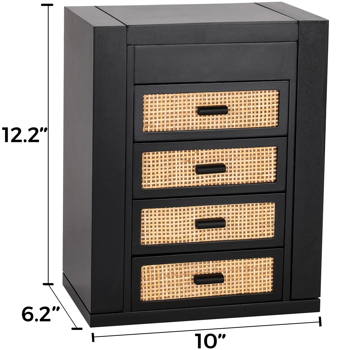 Jewelry Organizer, Rattan Jewelry Box, 5 Layer Wooden Jewelry Organizer Box with Mirror, Jewelry Boxes with 4 Drawers for Women Men, Black Jewelry Miss Rabbit