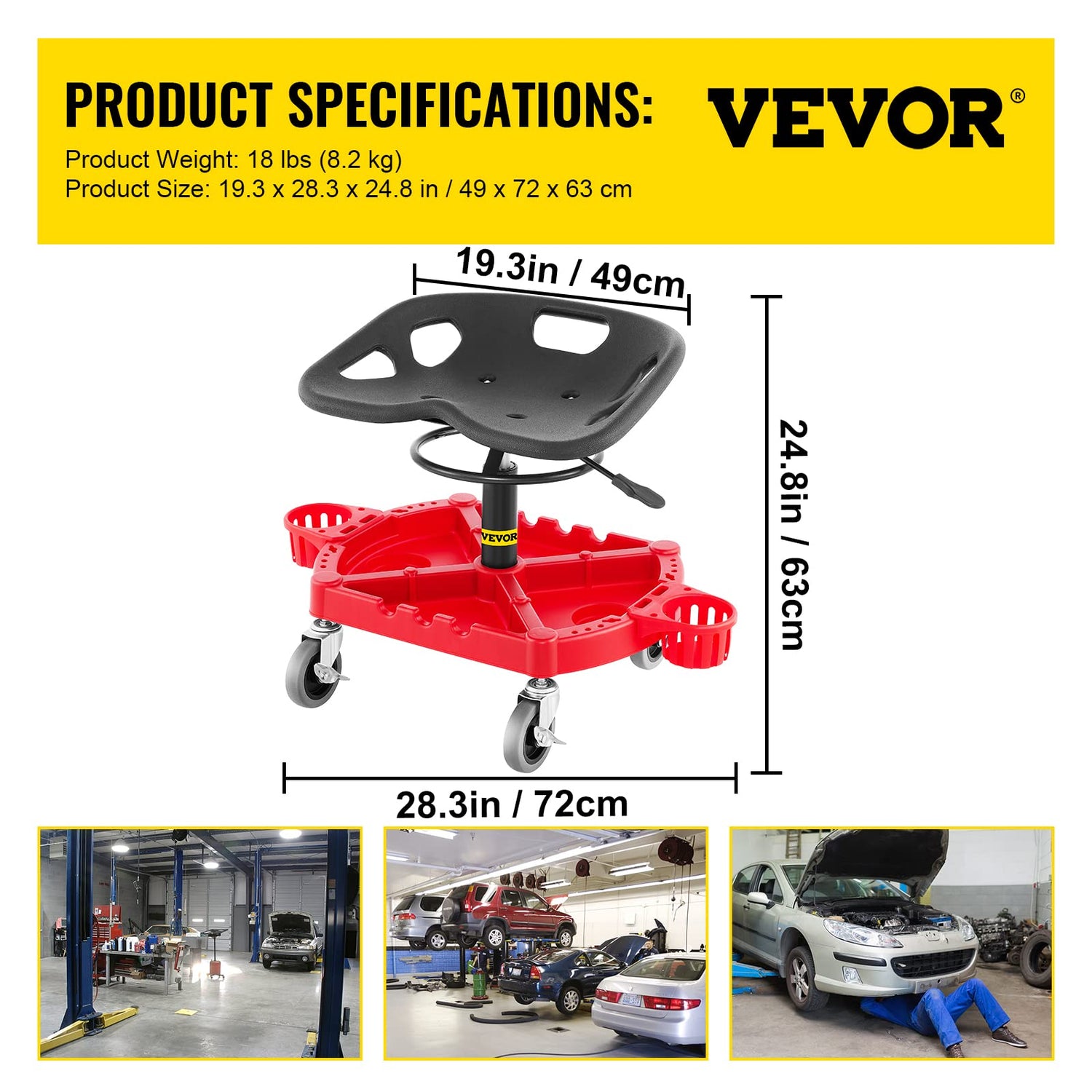 VEVOR Rolling Garage Stool, 300LBS Capacity, Adjustable Height from 18 in to 23 in, 360-degree Swivel Wheels (4"), Large Tool Tray with Two Bottle VEVOR