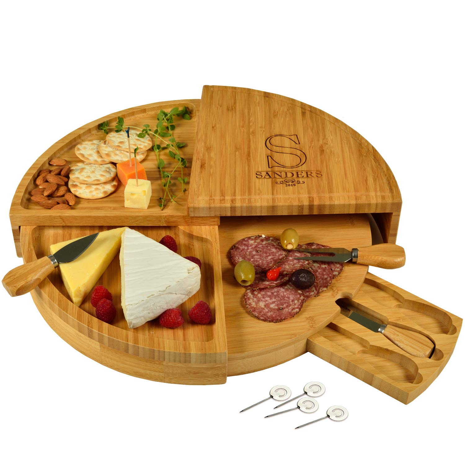 Picnic at Ascot Delux Custom Engraved Bamboo Cheese/Charcuterie Cutting Board - Patented Design - Quality Assured Picnic at Ascot