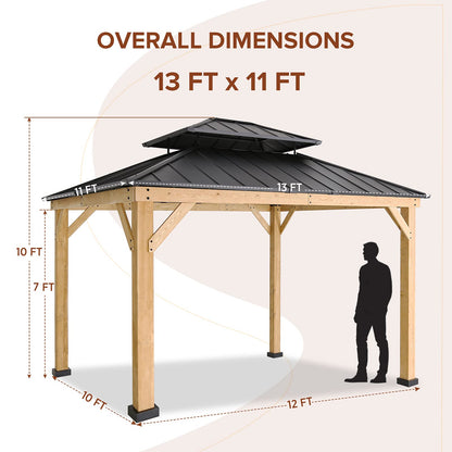 EAGLE PEAK 11x13 Hardtop Wood Gazebo, Outdoor Cedar Wood Frame Pavilion with Galvanized Steel Double Roof, for Garden, Patio, Backyard, Garden,