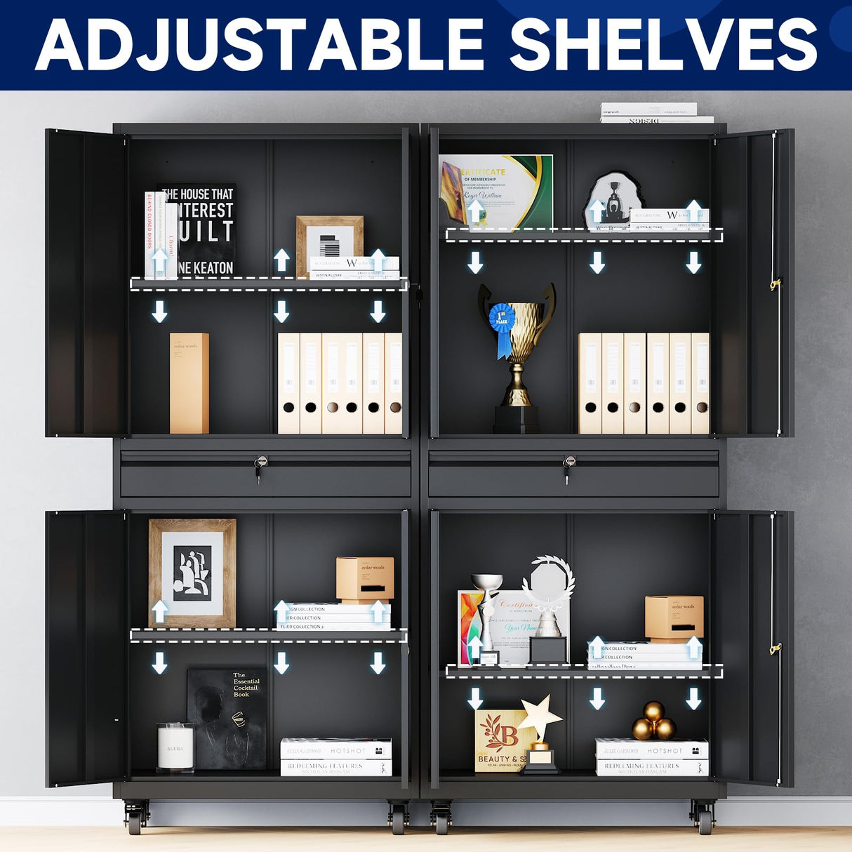 Yizosh Metal Garage Storage Cabinet with Locking Doors and Adjustable Shelves, Rolling Tool Storage Cabinet with 4 Wheels and 1 Drawer - 73" Steel Yizosh