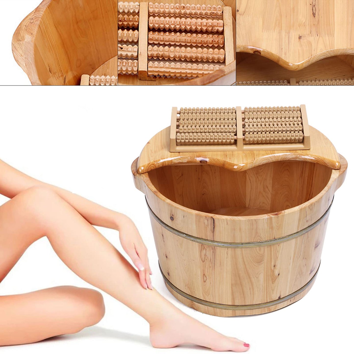 AngelcityCC Wood Foot Tub with Massager and lid, Solid Wood Handmade Wooden Foot Basin Set for Soaking Feet Spa Foot Care - WoodArtSupply