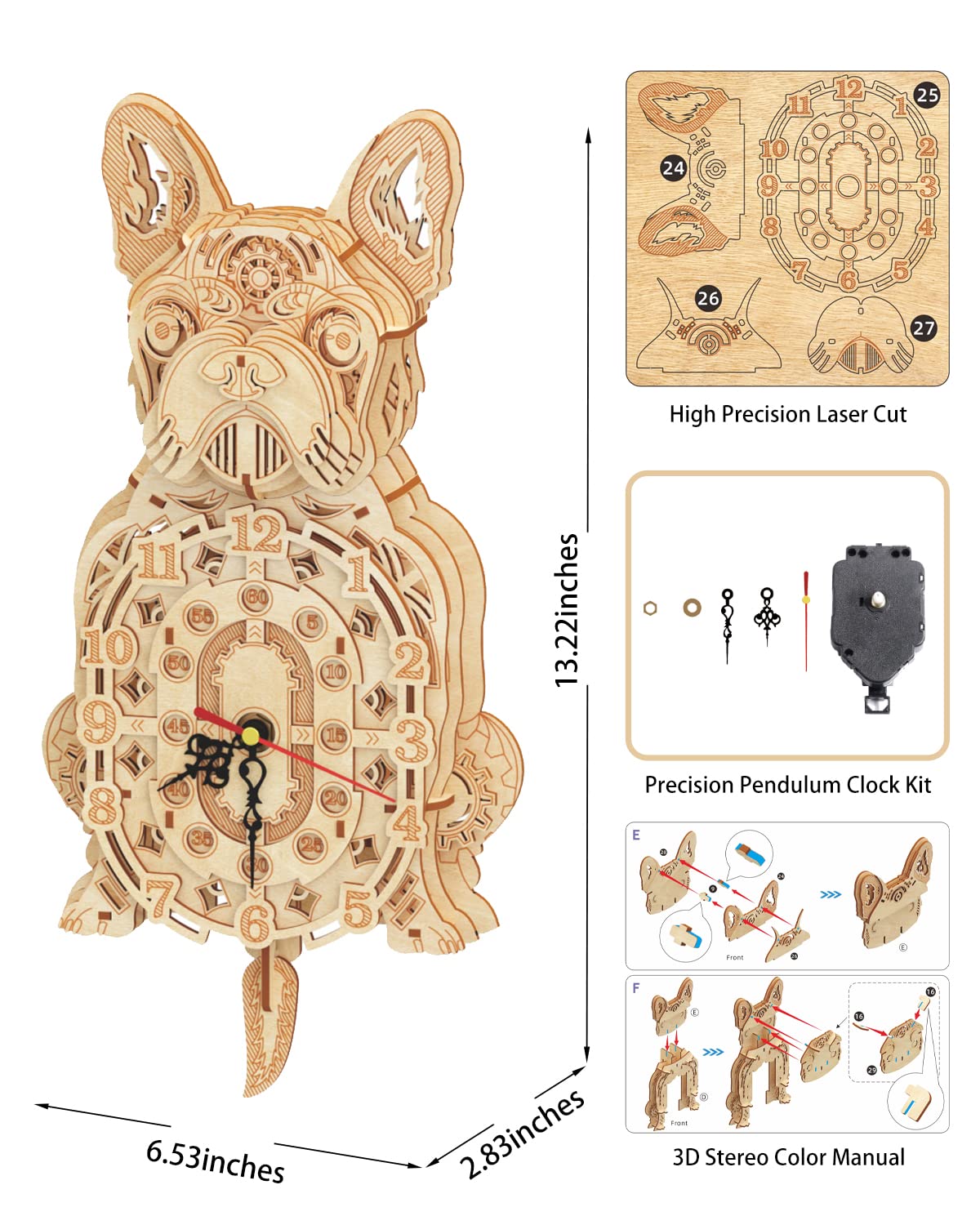 Wooden 3D Puzzles for Adults: Mechanical Bulldog Clock Model - Christmas-Themed Wooden Clock Kits to Build with Wall Clock Pendulum
