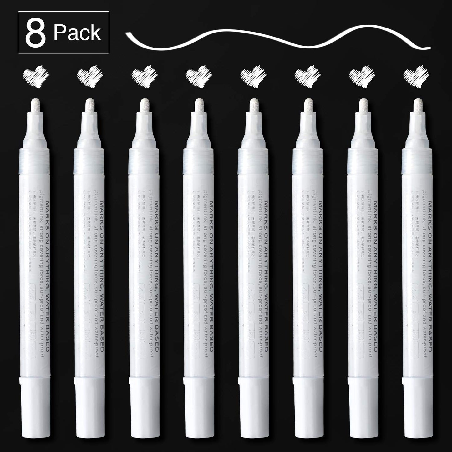 White Paint Pen for Art - 8Pack Acrylic White Paint Marker for Rock Painting, Stone, Wood, Canvas, Glass, Metal, Metallic, Ceramic, Tire, Graffiti,