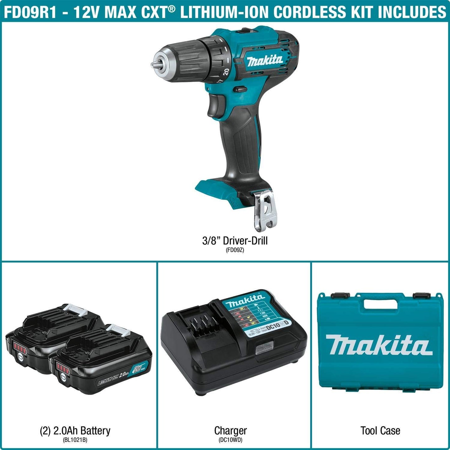 Makita FD09R1 12V max CXT® Lithium-Ion Cordless 3/8" Driver-Drill Kit (2.0Ah) - WoodArtSupply