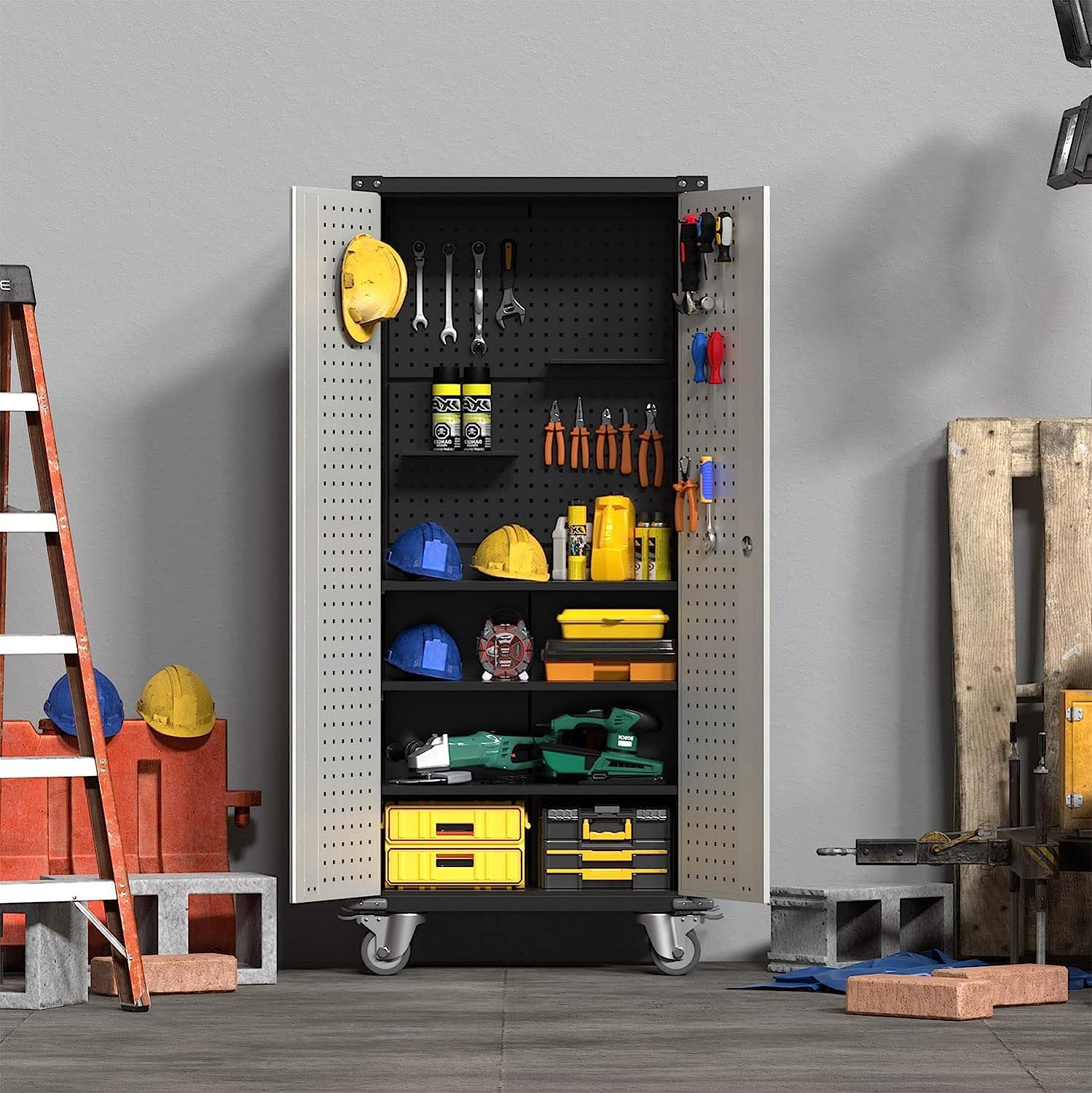 JAORD Tool Storage Cabinet with Wheels, Metal Garage Cabinet, Tall Storage Cabinet with Locking Doors, 3 Adjustable Shelves for Home Utility Room JAORD