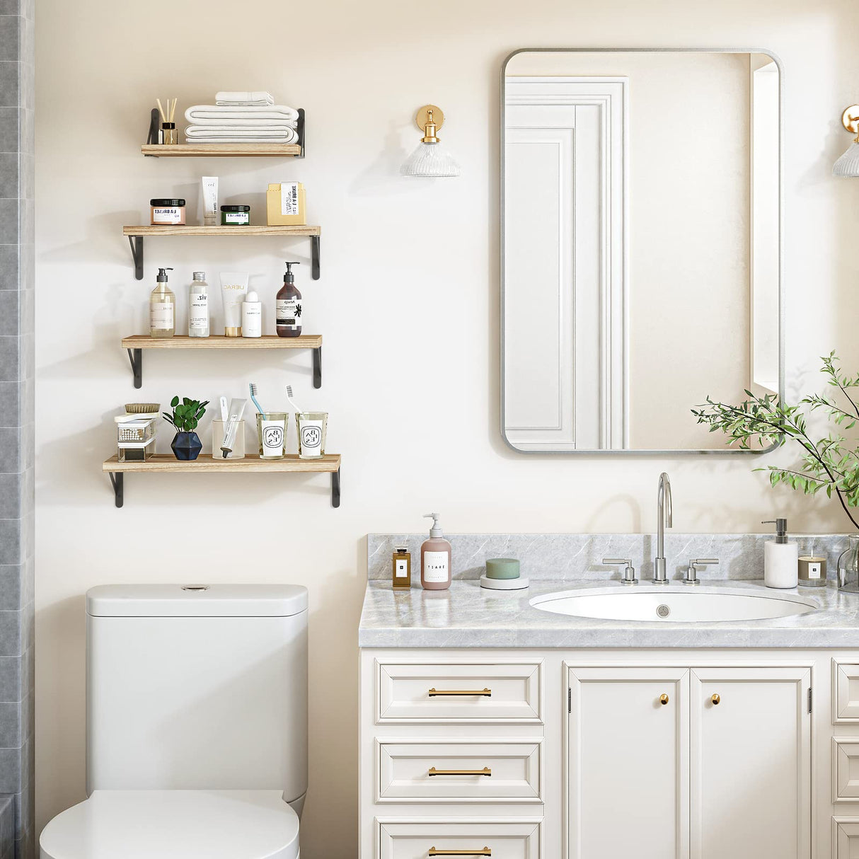 YGEOMER Floating Shelves, Rustic Wood Shelves, 4 Sets of Wall Mounted Shelf for Bathroom Decor, Bedroom, Living Room and Plants (Carbonized Black) YGEOMER