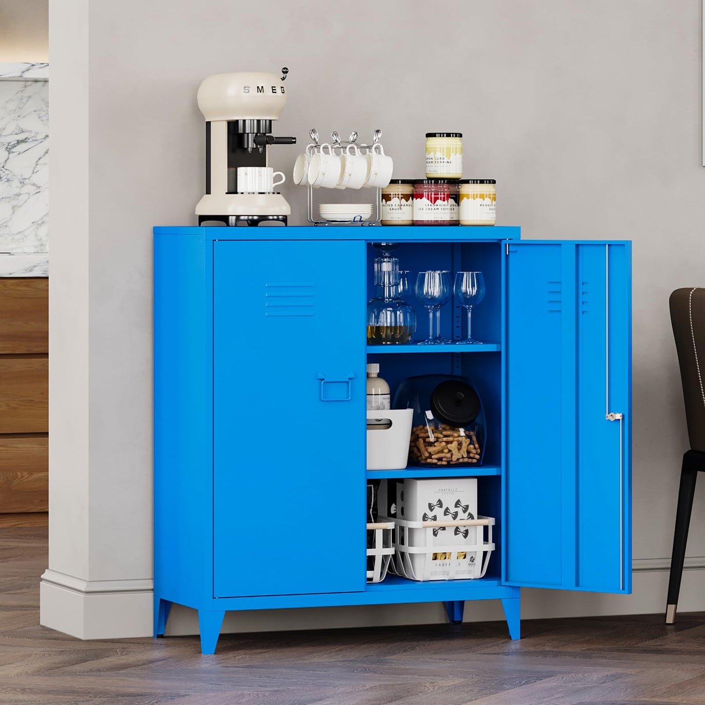 MIIIKO Metal Accent Storage Cabinet with 2 Locking Doors, Blue Locker Storage Cabinets with 2 Adjustable Shelves, Sideboard Buffet Cabinet for - WoodArtSupply