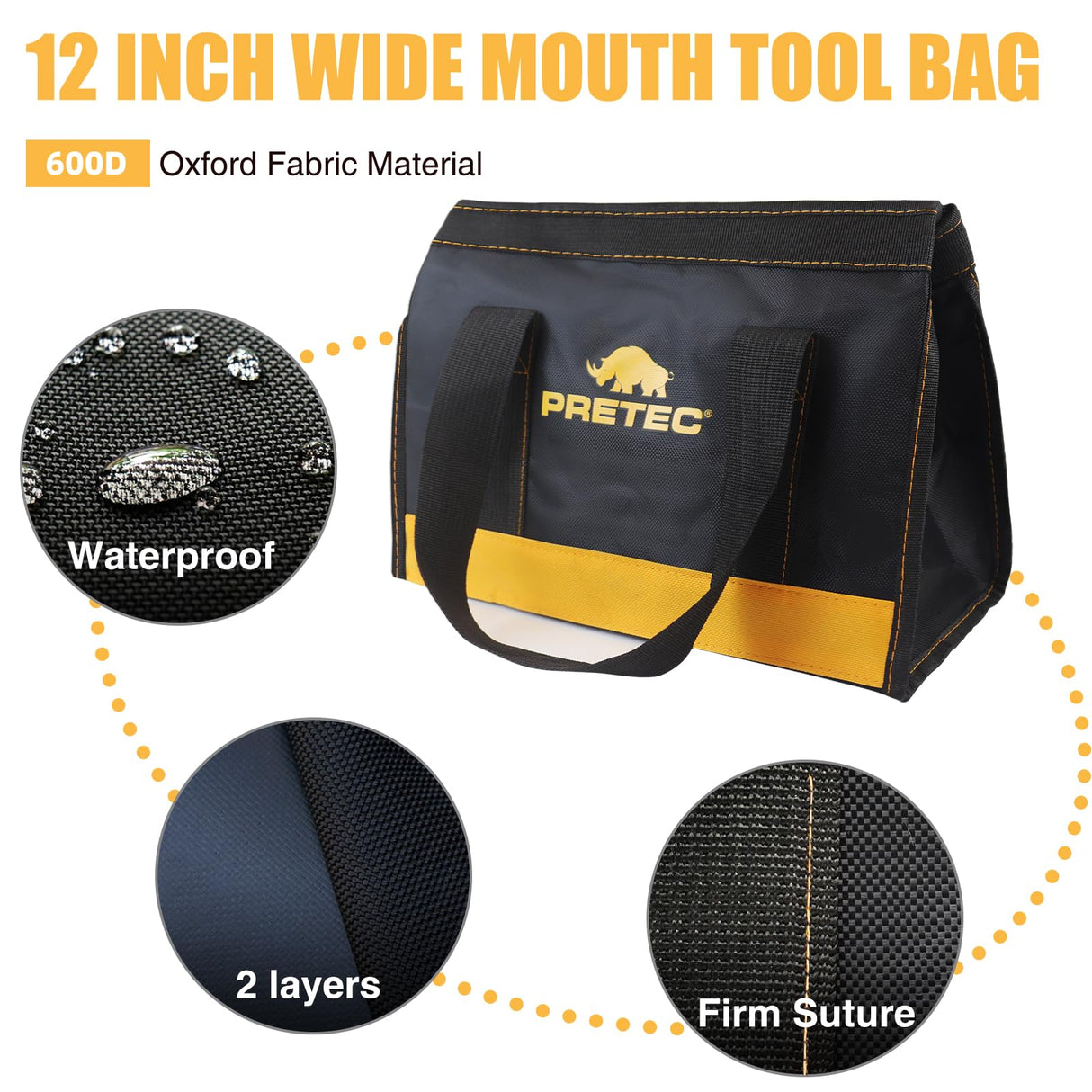 PRETEC 12 Inch Small Tool Bag, Wide Mouth Tool Tote Bag, Waterproof Tool Organizer Bag for Home Organizer for Indoor and Outdoor Gardening, PRETEC